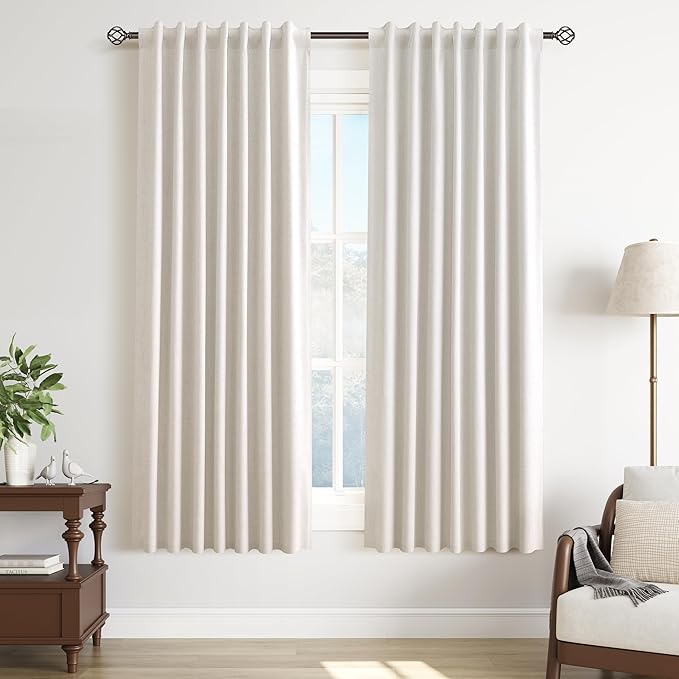 Cream 100% Blackout Linen Black Out Curtains 63 Inch Length Farmhouse Beige Light Blocking Soundproof Room Divider Curtains for Living Room Nursery Kitchen Textured Back Tab Hook Belt 2 Panels 52x63