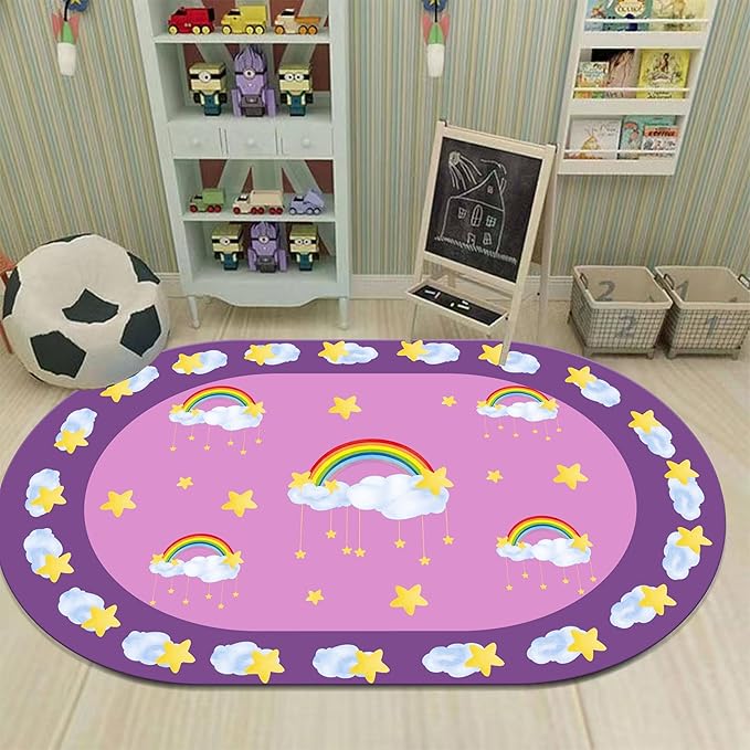 Rainbow Stars Kids Rug, 3x5ft, White Clouds Yellow Stars Pattern Oval Rug, Cute Soft Indoor Carpet for Girls Bedroom, Non-Slip Washable Low Pile Floor Mats for Classroom Nursery Playroom