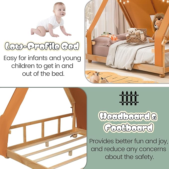 Montessori Floor Bed Full with Tent & Light, Wood Full House Beds for Kids, DIY Playhouse, Low-Profile Teepee Bed, Playful Indoor Adventure & Sleep for Girls Boys,Natural+Brown
