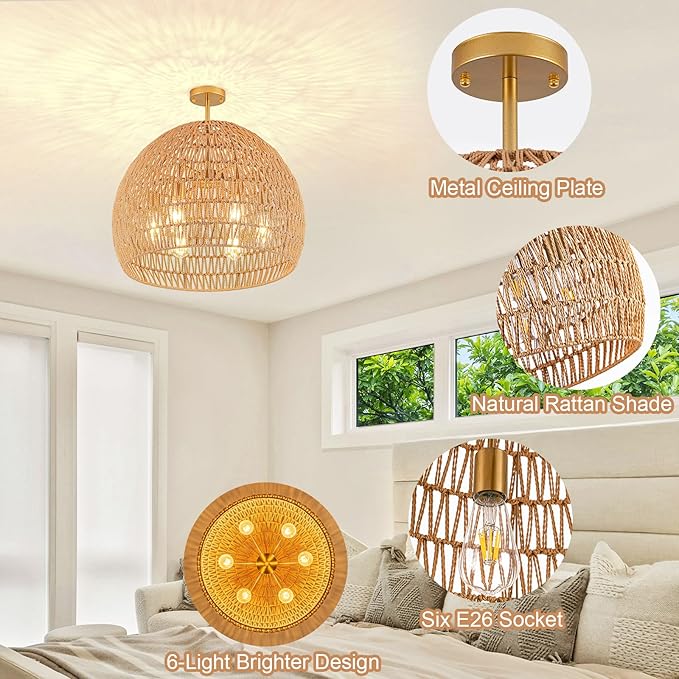 Rattan Ceiling Light Fixture, 6-Light Boho Semi Flush Mount Ceiling Light,23.62" Wicker Light Fixture with Handmade Woven Cage Lampshade,Rattan Chandelier for Bedroom Hallway Nursery Kitchen Farmhouse
