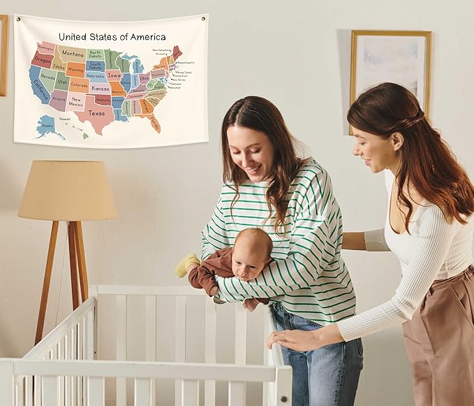 Map Theme Education Rectangular Banner-Flag Wall Sign Decor for Baby Toddler Boy Girl Kids Teen,Classroom Homeschool Nursery Reading Room Teacher Office Decor-Baby Shower Birthday Christmas Gift