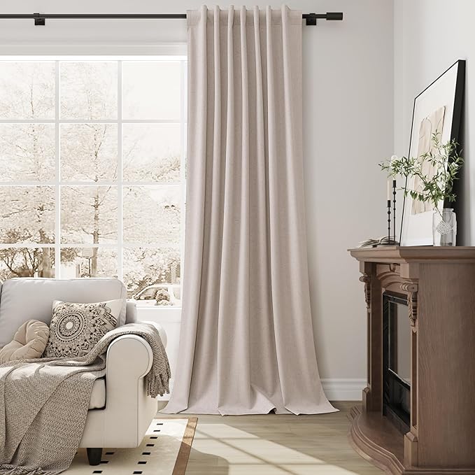 Guken Champagne Linen 100% Blackout Curtains for Living Room 120 Inches Long 2 Panels Set Textured Hook Belt Back Tab Light Blocking Thermal Insulated Soundproof Dining Room Patio Door 52x120 10Ft