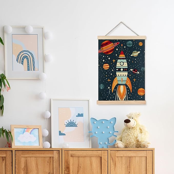 URLLUAE Rocket Ship Space Wall Art Posters for Kids Room, Colorful Outer Space Planet Poster Hanger Frame for Boys Bedroom Classroom Nursery Playroom Wall Decor, 16x24 Inch