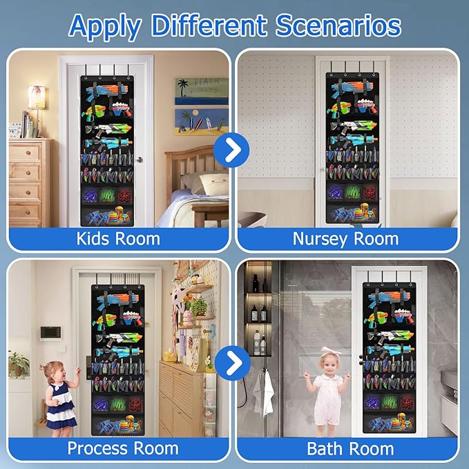 Over the Door Organizer for Toy Guns, Hanging Toys Storage with Clear Pockets and Slots for Kid Toy Guns, Claw Knife and Darts, Over the Door Storage for Kids Room and Game Room, Black