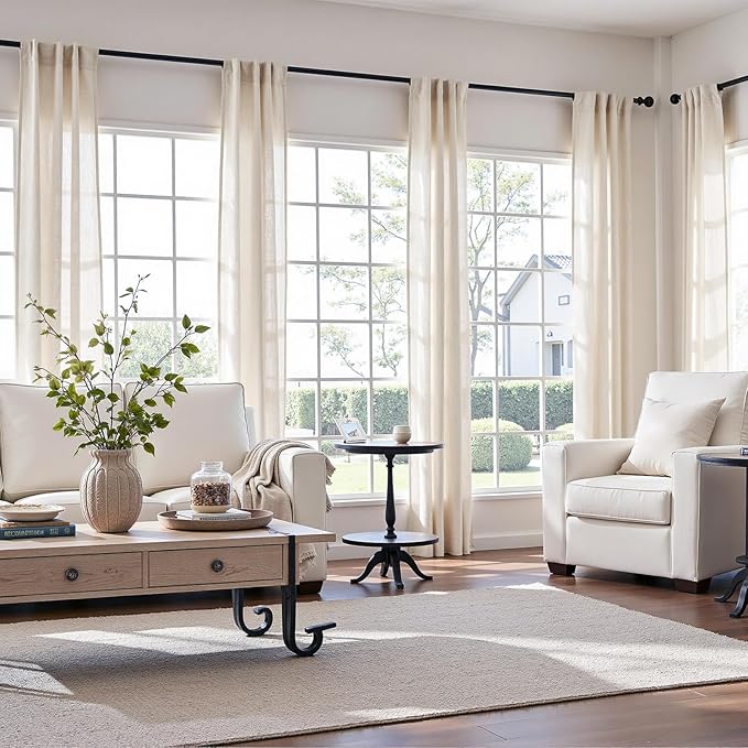 jinchan Floor to Ceiling Linen Blend Curtains 108 Inches Extra Long 2 Panels for Bedroom Living Room, Light Filtering 38 Inches Wide Natural Farmhouse Drapes Rod Pocket Back Tab (38W x 108L, Ecru)