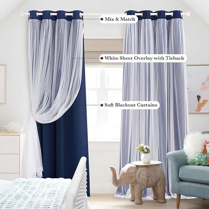 PONY DANCE Navy Blue Curtains Blackout - Room Darkening Curtains with Sheer Elegance Drapery Layered Drapes Mix and Match for Living Room/Kids Bedroom (Set of 2, 52x84 inch, Free Tie-Backs)