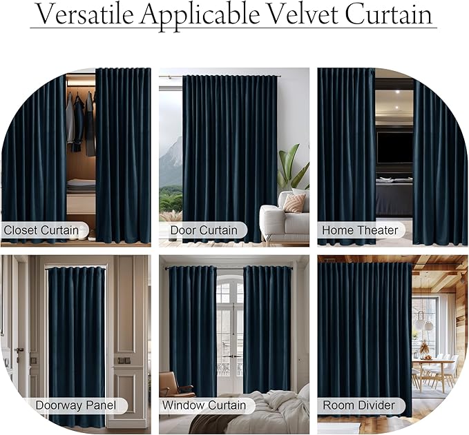 StangH Navy Blue Curtain for Doorway 80 inch Length, Back Tab Velvet Thermal Insulated Window Drapes Privacy Thick Room Divider for Closet Bedroom Theater Office, W62 x L80, 1 Panel