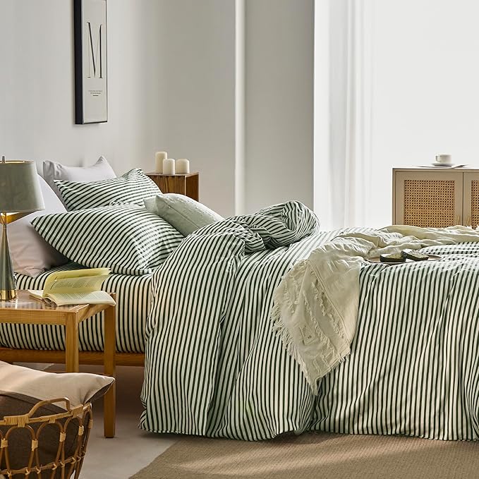 JELLYMONI 100% Natural Cotton 3pcs Striped Duvet Cover Sets,White with Green Stripes Pattern Printed Comforter Cover,with Zipper Closure & Corner Ties(Queen Size)