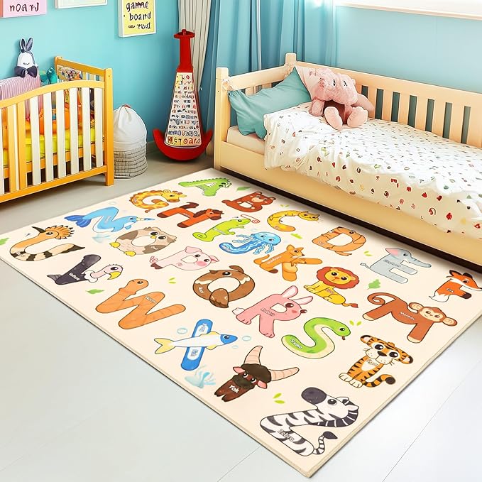 Kids Rugs for Playroom, 3x4 Feet Educational Rug for Learn The ABC Alphabet, Soft Machine Washable Non-Slip Cute Animal Carpet for Classroom Toddler Nursery Kids Room Decor Mat, Beige