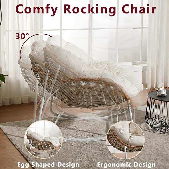 Oversized Outdoor Papasan Rocking Chair Set of 2 with Soft Cushion, Comfy Patio Egg Chair, Wicker Lounge Rocker for Balcony/Porch/Garden, Reinforced All Weather Rattan Frame, Cream