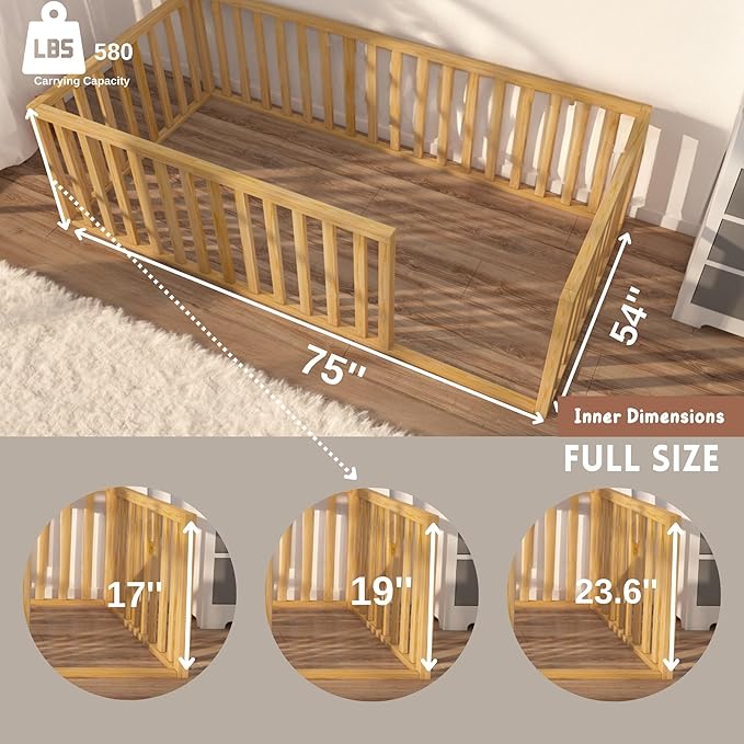 Montessori Floor Bed for Kids 54.3'' x 75.2'' Full Size | Toodlers Floor Bed with Safety Guardrails | Pine Wood Baby Bed | Sturdy Wood Frame Bed for Girls and Boys (Full, Height : 19 Inches)