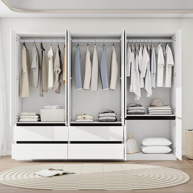 Armoire Wardrobe Closet with Drawers：75" Large White Wardrobe Closet Cabinet with 6 Doors for Hanging Clothes, Modern Wooden Bedroom Armoires with 4 Drawers and Storage (A+C+A, 94.5")