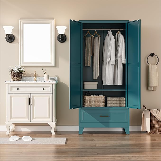 Metal Wardrobe Closet Cabinet with Drawers,71" H Large Bedroom Armoires with Shelves and Hanging Rod,Wardrobe Storage Cabinet with 2 Doors, 1 Adjustable Shelf and Drawers (1Drawer, Blue)
