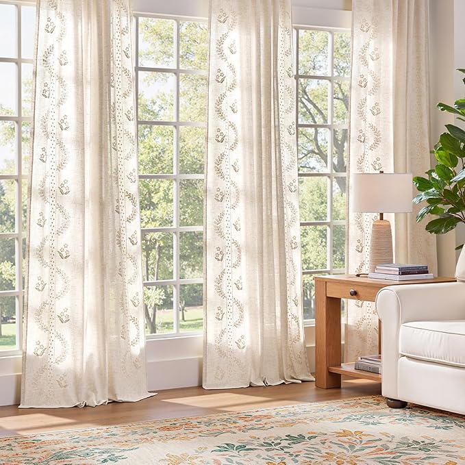 jinchan Belrose Linen Curtains for Bedroom Floral Curtains 96 Inch Length Linen Blend Ivory Embroidered Drapes Farmhouse Flower Patterned Drapes for Living Room Window Treatments Set 2 Panels