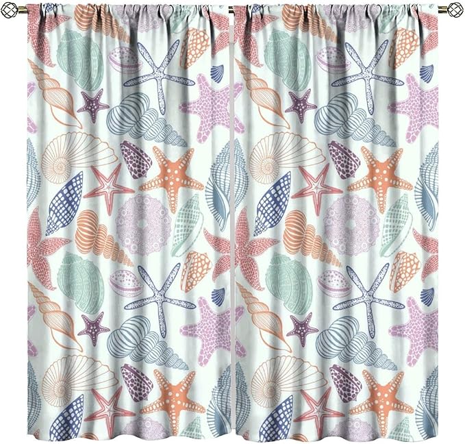 Coastal Nautical Curtains,Colorful Starfish Seashell Beach Sea Starfish Seashell Theme Pattern Blackout Print Home Bedroom Living Room Window Treatmen 2 Panel Set 63x63 Inch