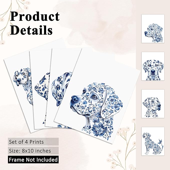 OFJE Chinoiserie Dalmatian Dog Wall Art Decor Prints Set of 4, Blue and White Grandmillenial Dog Wall Art Posters Decor for Home Bedroom Living Room, 8x10 Unframed