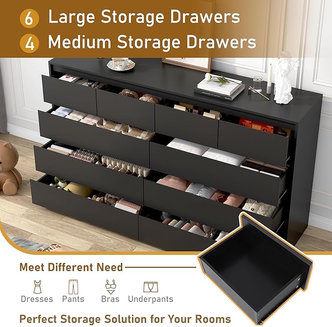 Black Malm Dresser for Bedroom, 55" Wide 37" Tall Dresser with 10 Drawers, Modern Large Wood Chest of Drawer Handle Free, Living Room, Entryway, Hallway, Black