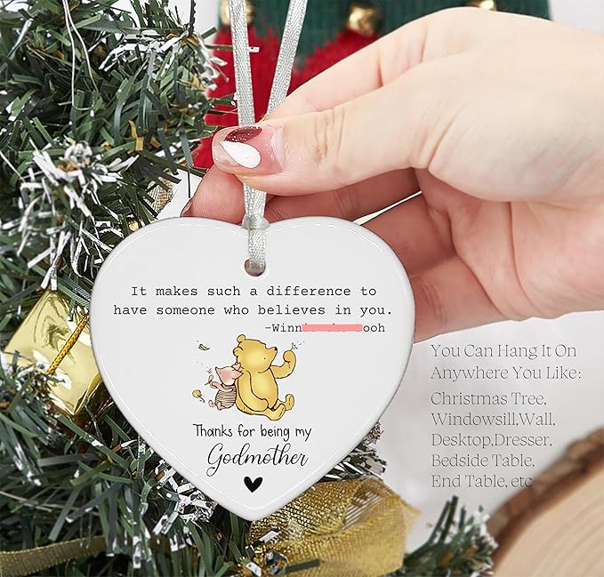Heart Shaped Christmas Ornament-Godmother Proposal Gift-First Time Godmother Christening Baptism Keepsake-Appreciation Thank You Ceramic Decor with Gift Box