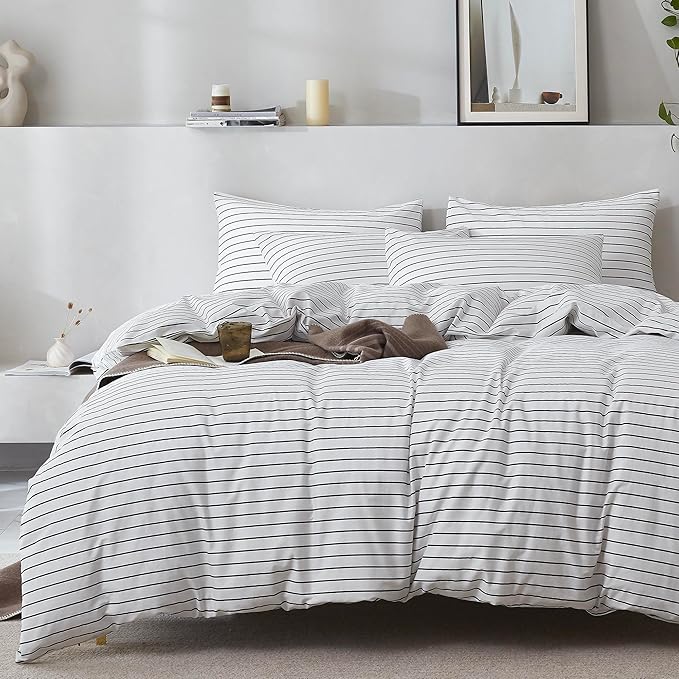 JELLYMONI 100% Natural Cotton 3pcs Striped Duvet Cover Sets, White Duvet Cover with Thin Black Stripes Pattern Printed Comforter Cover, with Zipper Closure & Corner Ties(King Size)