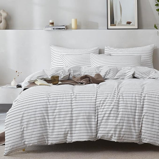 JELLYMONI 100% Natural Cotton 3pcs Striped Duvet Cover Sets, White Duvet Cover with Thin Black Stripes Pattern Printed Comforter Cover, with Zipper Closure & Corner Ties(King Size)