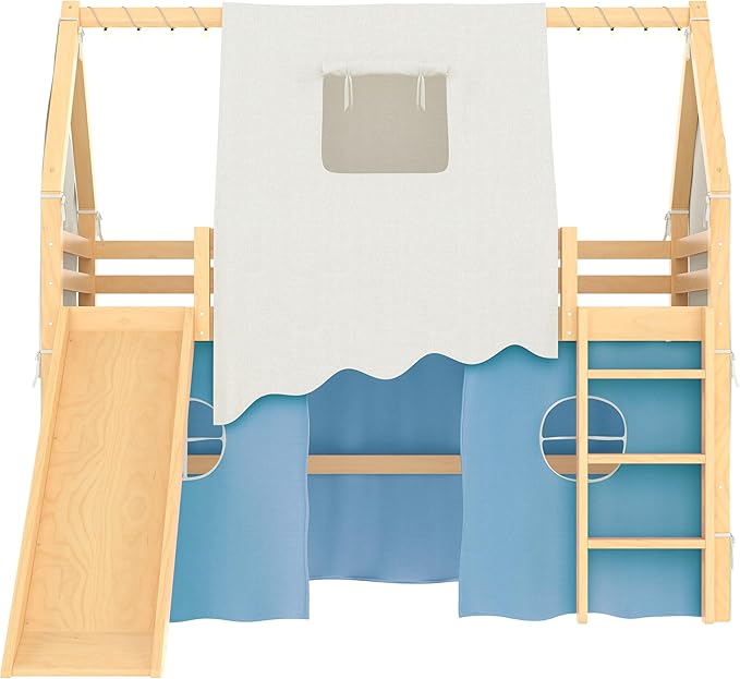 Playhouse Design Twin Size Loft Bed with Slide & Tent, Solid Wood Tent Bed Frame for Kids Boys Girls, Versatile Spacious Under Bed Space, Chic Design with Lights (Natural+Blue-Twin)