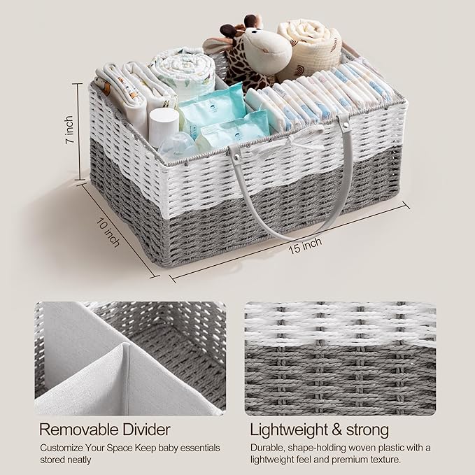 HBlife Large Diaper Caddy Organizer, Portable Paper Rope Woven Basket with Divider, Nursery Diaper Station Organizer, Baby Shower Gifts Basket & Car Organizer, Newborn Essentials