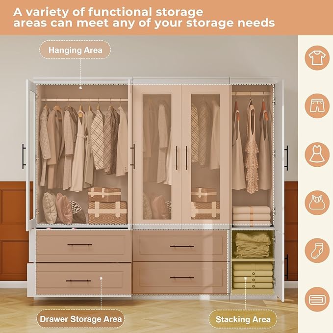 5 Door Armoire Wardrobe Closet with Mirror, Wood Wardrobe Closet with Glass Door Combination Bedroom Armoire 4 Drawer with Hanging Rods for Home/Bedroom/Living Room