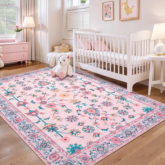 Tangsoo 3x5 Pink Small Area Rug for Bedroom Girls, Non Slip Washable Cute Floral Rug for Nursery Bedside, Soft Low Pile Front Door Carpet Indoor Entrance Inside House Bathroom Classroom Teen Room