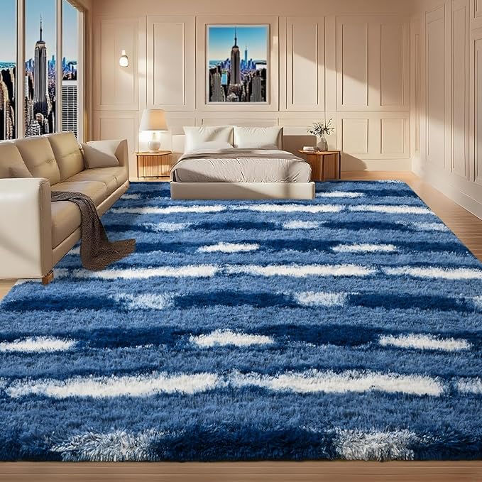 8x10 Feet Area Rugs for Living Room Bedroom,Blue and White Machine Washable Soft Fluffy Shaggy Indoor Rug, Floor Carpet for Girls Boys Kids, Dorms, Nursery Rooms, Home Decor Aesthetic