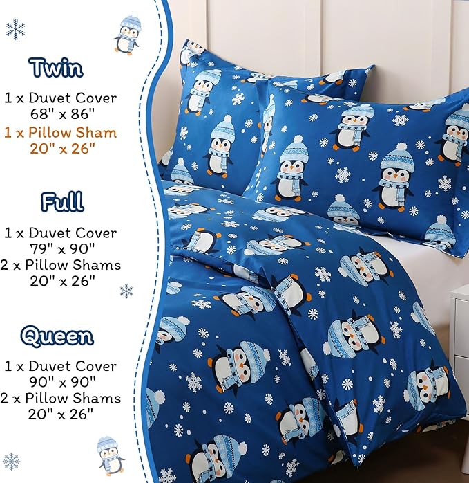 JSD Penguin Snowflakes Kids Christmas Duvet Cover Set Twin Size, 2 Piece Xmas Comforter Cover with Pillow Sham Zipper Closure, Comforter Not Included