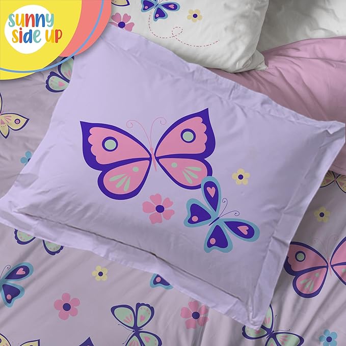Sunny Side Up Butterfly Twin Comforter Set - 5 Piece Kids Bedding Includes Comforter, Sheets & Pillow Cover - Super Soft Purple Floral Microfiber Bed Set