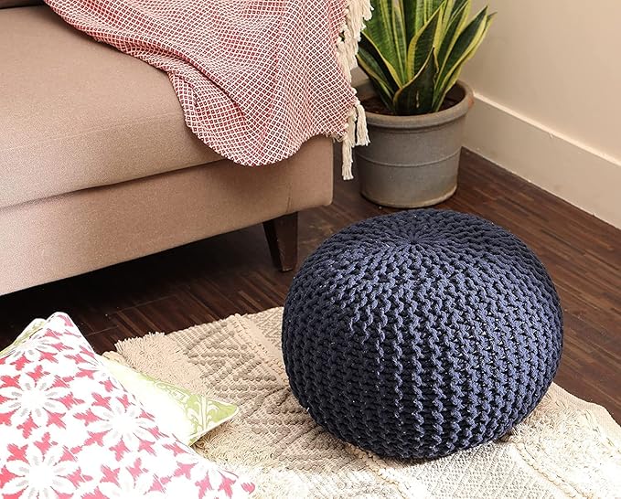 REDEARTH · Round Pouf Foot Stool Bean Bag Ottoman - Cable Knitted Cord Boho Pouffe - Poof Accent Bean Bag - Handmade by Artisans for Living Room - Bedroom (19.5"x19.5"x14") - Navy Blue
