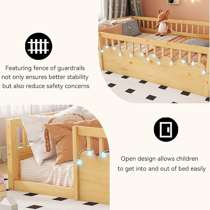 Full Toddler Floor Bed with High Rails, Wooden Montessori Bed Frame with Light and Storage Shelf, Full Size Bed Frame for Kids, Boys and Girls, Natural