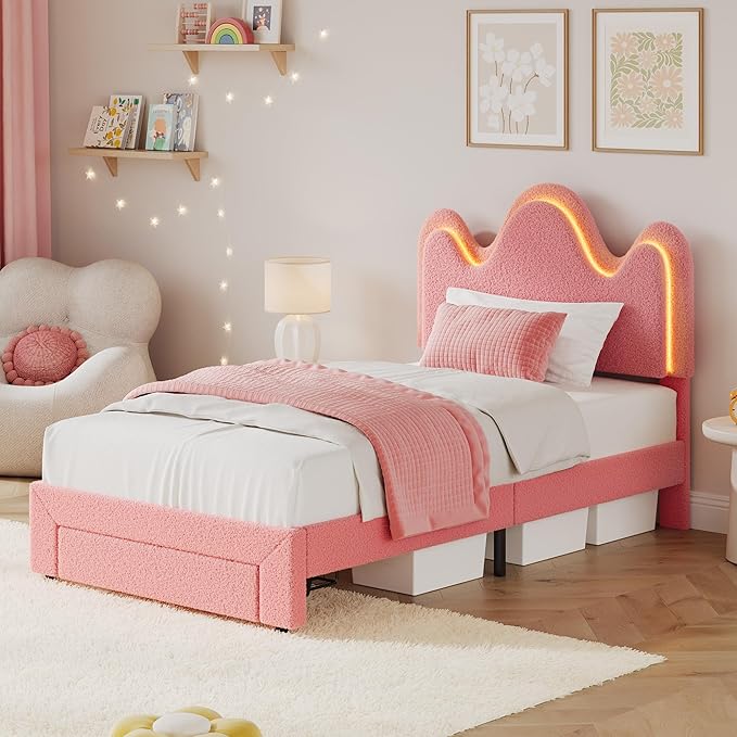 IDEALHOUSE Twin Bed Frame with LED Headboard and Under-Bed Drawer, Metal Upholstered Platform Bed with LED Light for Kids, Girls, Lamb Fleece Fabric, Wooden Slats Support, No Box Spring Needed, Pink