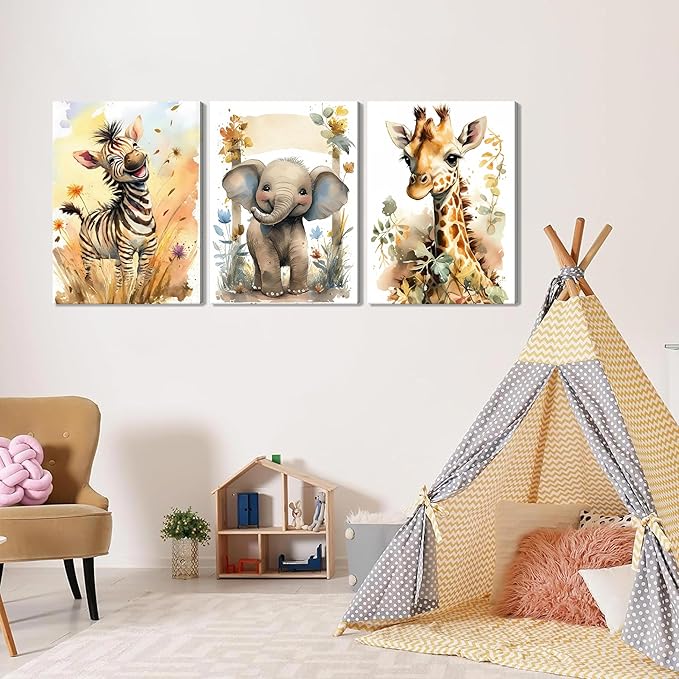 Woodland Animal Wall Art Set of 3, Wild Animals Nursery Picture Wall Decor Canvas, Cute Giraffe Elephant Zebra Watercolor Poster Print Artwork for Boys Girls Room Decoration – 16x24 inch