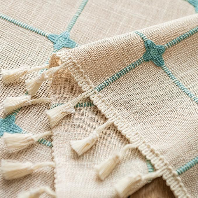 Deeprove Boho Curtain Valance 18 Inches Length Bohemian Lattice Gingham Textured Embroidery Plaids, Vintage Chic Tassels Casual Easter Decor Drapes Rod Pocket, 1 Panel W52 x L18 Beige Turquoise
