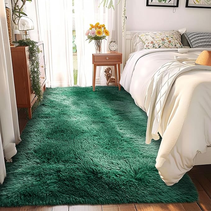 Fluffy Runner Rugs for Bedroom 2x6, Black Green Runner for Hallway Non-Slip, Bedside Shaggy Fuzzy Bedroom Decor