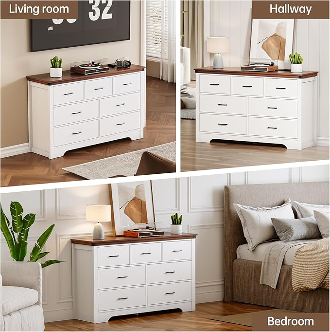 Farmhouse 7 Drawer Dresser for Bedroom, 51" Wide Chest of Drawers, Wooden Dresser TV Stand, Storage Dressers Organizer for Bedroom, Living Room, Hallway