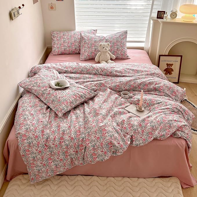 Girl Duvet Cover Twin Pink Floral Bedding Set - Shabby Chic Boho Cotton Coquette Duvet Cover Set Twin Size - Comforter Cover with Zipper Ties,3 Piece Bed Set(1 Duvet Cover 68"x86" and 2 Pillow Shams)
