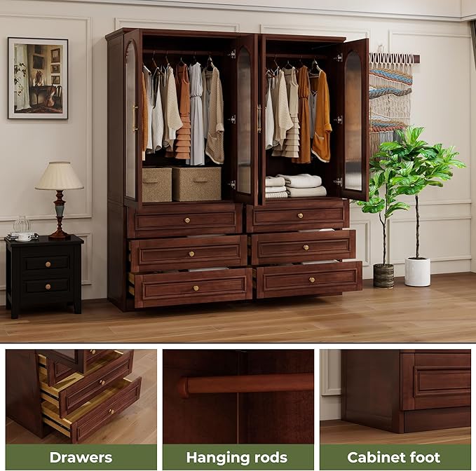 Solid Wood Wardrobe Closet:TemkTuek 70.87" Large Armoire,Clothing Storage Cabinet with Drawers,Mirror,Doors,Hanging Railsand Shelves,Vintage Freestanding,Bedroom,Cherry Finish(21-21)