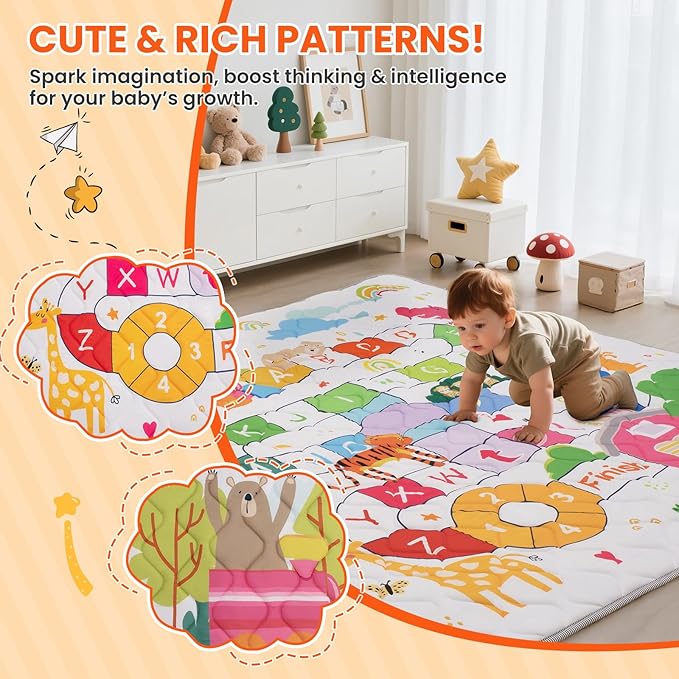 Baby Play Mat for Floor,71x59 Inch Soft Padding Crawling Mat, Foldable and Machine Washable, Thick for Babies & Toddlers,Animal School