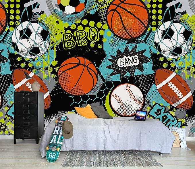 AFZEVEB-Colorful Graffiti Wallpaper Hand-Painted Ball Wall murals for Kids Room 136"x96"(Not Peel and Stick)