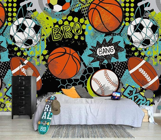 AFZEVEB-Colorful Graffiti Wallpaper Hand-Painted Ball Wall murals for Kids Room 136"x96"(Not Peel and Stick)
