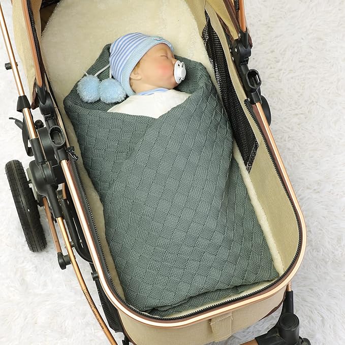 LAWKUL Green Baby Blankets Knitted Cable Babe Blanket Soft Airy Newborn Infant Receiving Swaddle Boy Girl Stroller 40"x30"