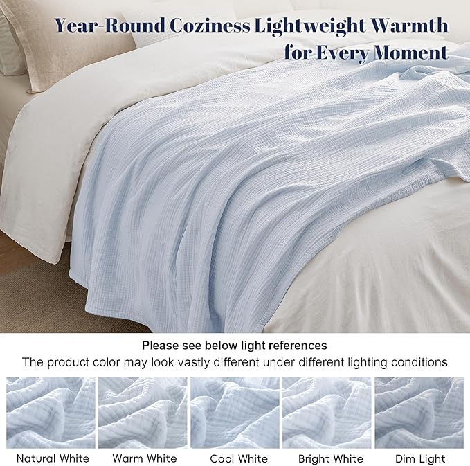 PHF 100% Cotton Muslin Throw Blanket 50" x 60", 4-Layer Lightweight Gauze Throw, Breathable Cloud-Soft Minimalist Blanket for Bed, Couch, Camping & Baby, Ancient Water, Ideal Gift
