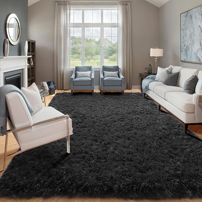 ONASAR Black Area Rugs for Living Room Bedroom, 5x8 Fluffy Shaggy Rug, Washable Soft Plush Large Indoor Floor Carpet for Nursery Kids Girls Boys Teen Dorm Bedside Playroom Home Office Decor Aesthetic