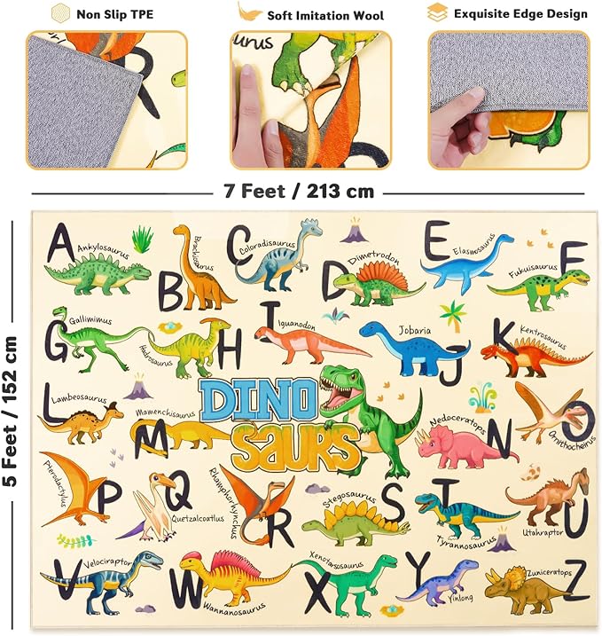 Kids Rugs for Playroom, 5x7 Feet Educational Rug for Learn The ABC Alphabet, Soft Machine Washable Non-Slip Cute Dinosaur Carpet for Classroom Toddler Nursery Kids Room Decor Mat, Beige