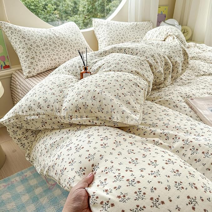 LifeTB 100% Cotton Muslin Duvet Cover King Size Vintage Botanical Floral Duvet Cover Ultra Soft Flower Comforter Cover Lightweight Soft Breathable Gauze Bedding Comforter Cover with 2 Pillowcases