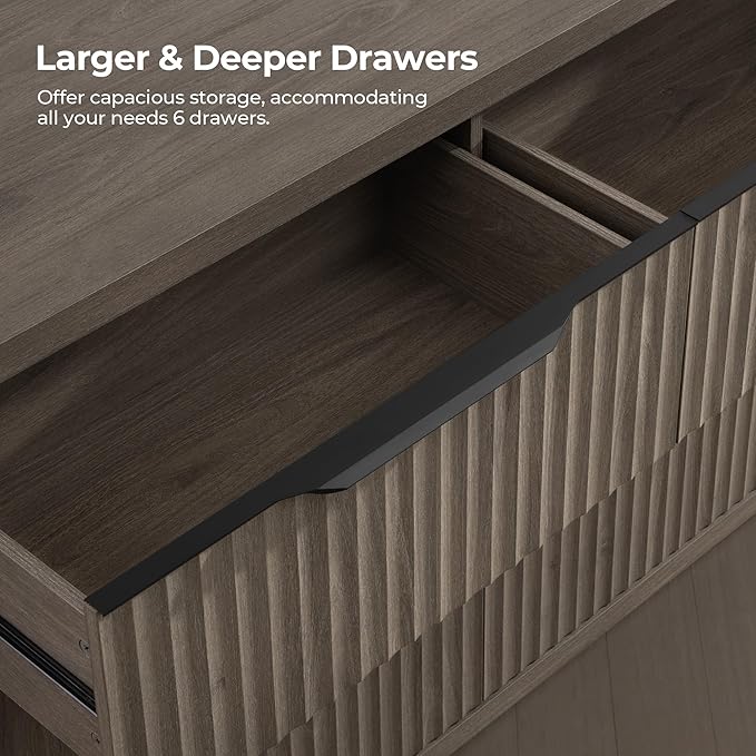 SICOTAS Dresser for Bedroom 53.5" Wide 6 Drawer Dressers & Chests of Drawers for Closet Long Large Modern TV Stand Set for Clothes Storage Fluted Clothes Closet for Hallway Entryway, Grey Alder