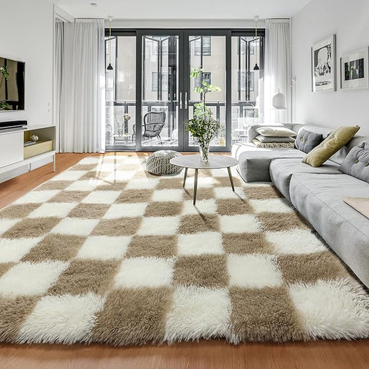 KICMOR Living Room Rug 7x9 Area Rug, Large Fluffy Shag Shaggy Fuzzy Checkered Bedroom Carpet, Beige and Cream White Big Indoor Soft Plush Rugs for Kids Boys Girls Dorm Nursery Home Decor Aesthetic